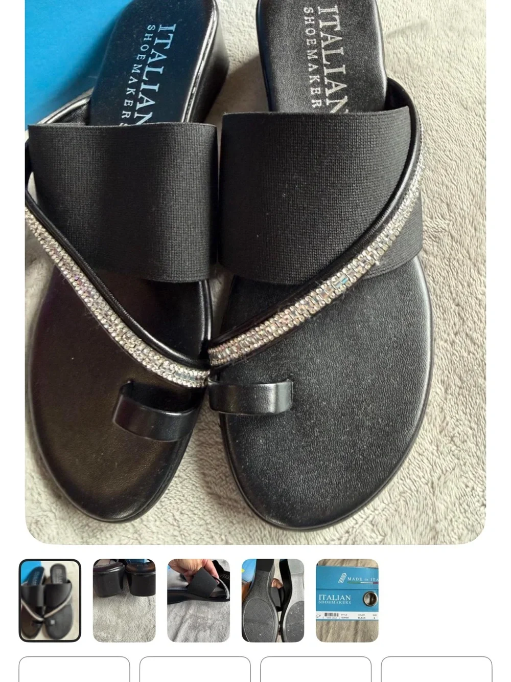 Italian Shoemakers Black Slide Sandals with Rhinestone Strap